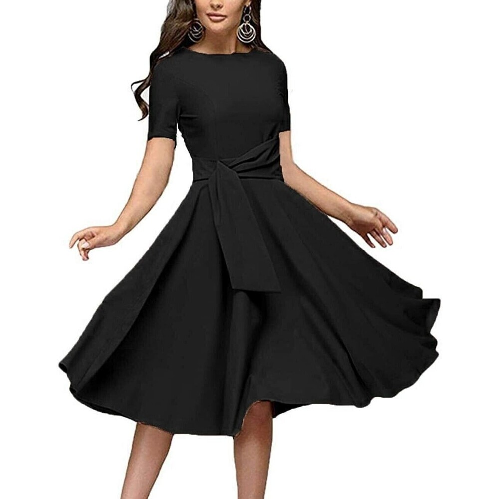 Fenjar Knee Length Flared Dress Size XL Short Sleeve Tie Waist Black NWT B55